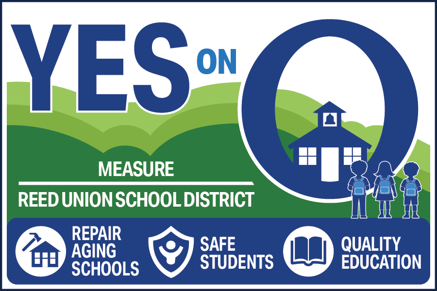 The Measure O lawn sign: YES on O over green hills with a schoolhouse inside the O, above a band reading Repair Aging Schools, Safe Students, Quality Education